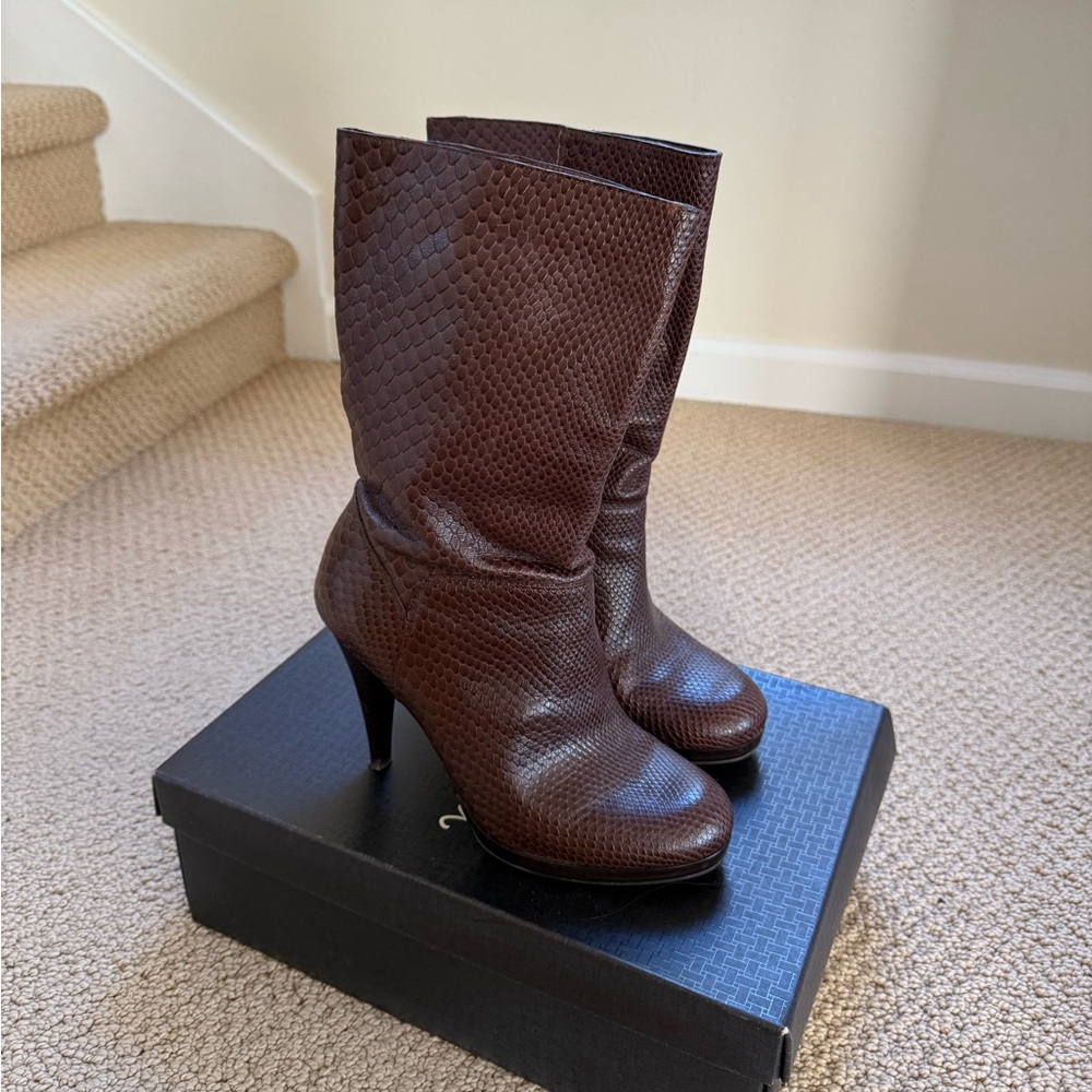 Cole Haan Kennedy Chestnut Snakeskin Leather Boots, 7.5 B